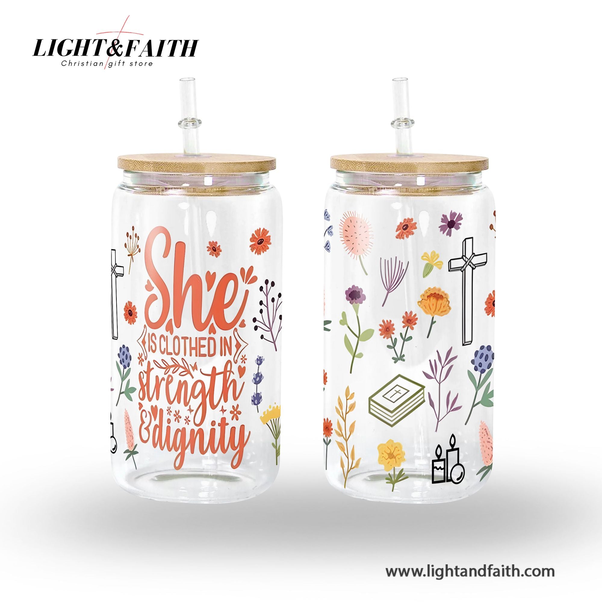 Christian Glass Can with Bamboo Lid and Straw, She Is Clothed in Strength and Dignity Cup, Proverbs 31:25 Scripture Tumbler Gift GCLAF45